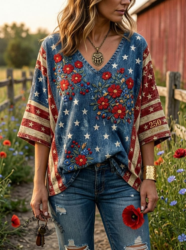 Vintage 250th Anniversary Fourth of July Print Casual V-neck Denim Top
