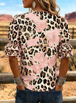 Women's Leopard T Print Puff Sleeve Casual Shirt