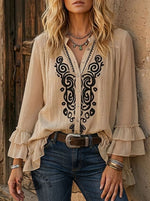 Women's Vintage Printed Casual Ruffle Shirt