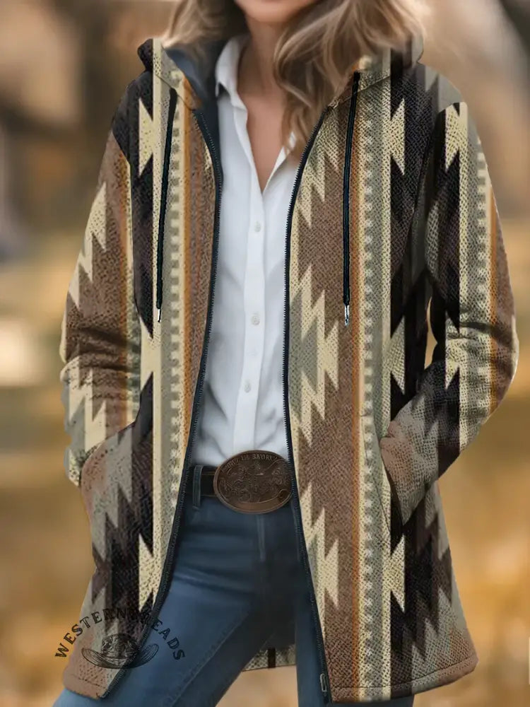 Aztec Print Unisex Plush Thick Long-Sleeved Cardigan Coat
