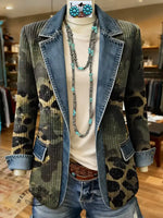 Leopard Art Print Patchwork Denim Sweater Cardigan Coat