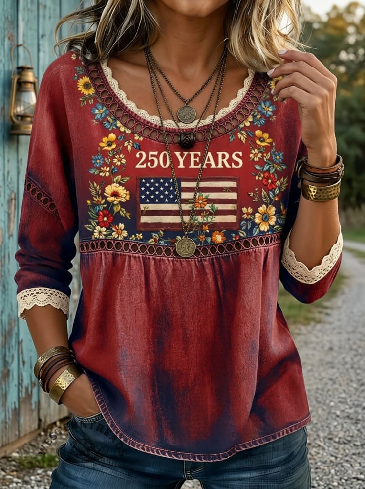 Americana 4th Of July Printed Casual Hollow Denim Shirt