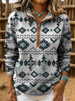 Retro Aztec Print Casual Half-zip Cotton Sweatshirt