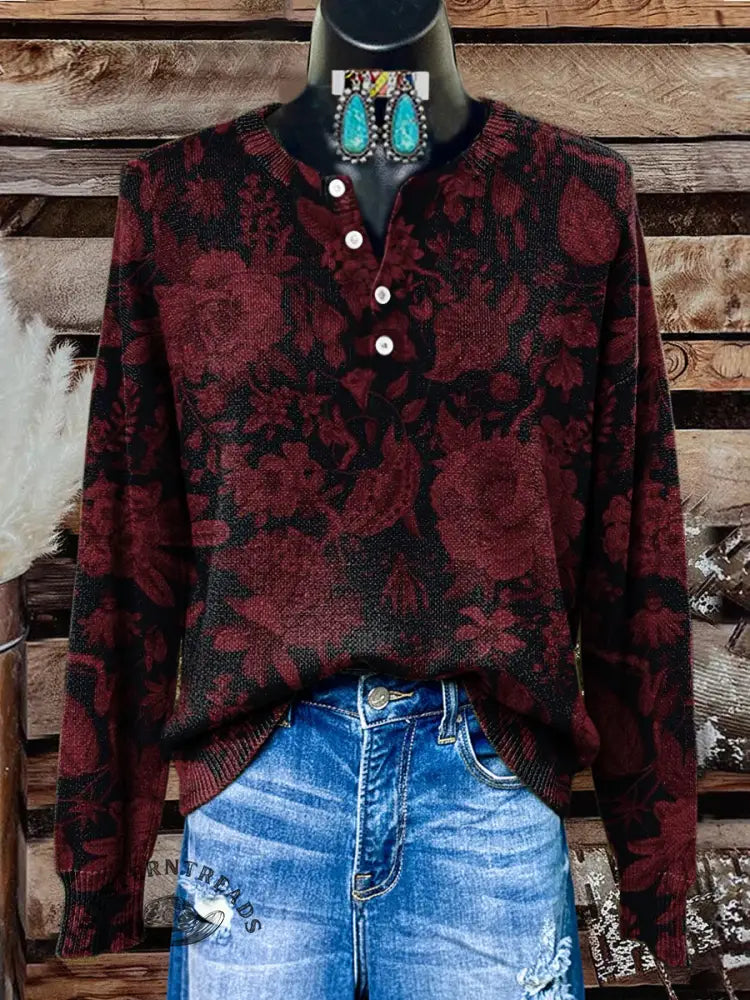 Women's Retro Flower Art Print Henley Neck Sweater