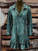 Vintage Paisley Print Casual Lapel Ruffled Denim Dress