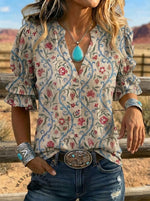 Women's Retro Floral Art Puff Sleeve Casual Shirt