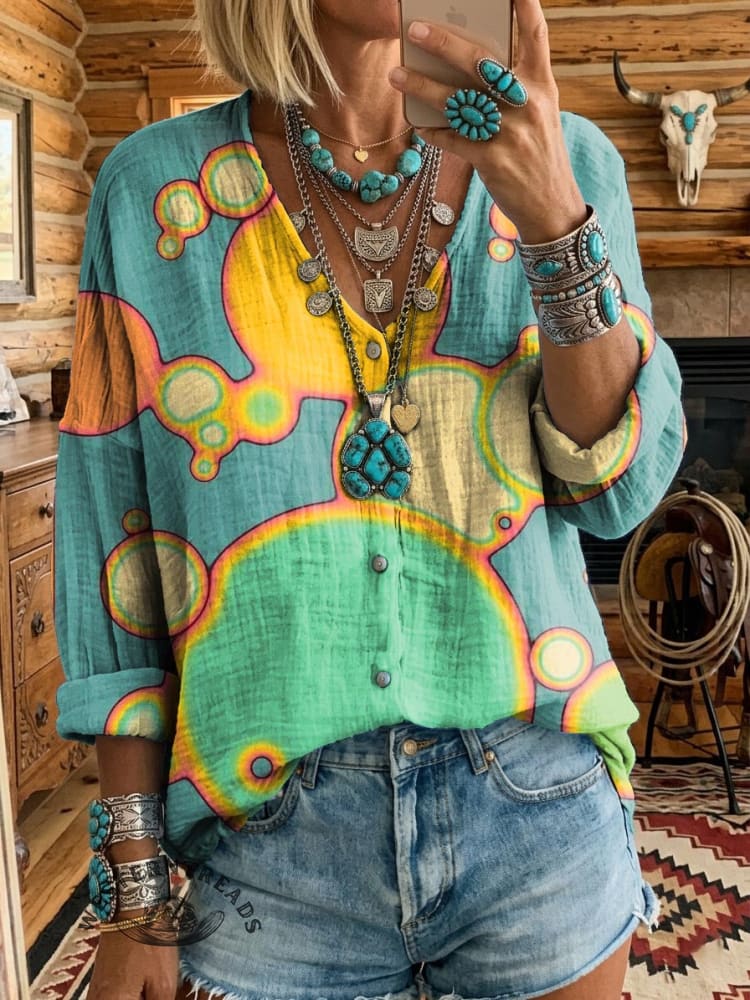 Women's Vintage Art Print Button Down Shirt