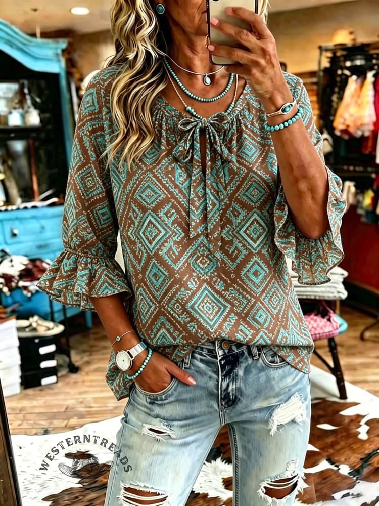 Women's Vintage Aztec Print Patchwork Chiffon Casual Shirt
