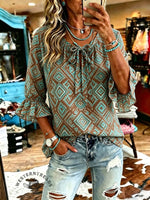 Women's Vintage Aztec Print Patchwork Chiffon Casual Shirt