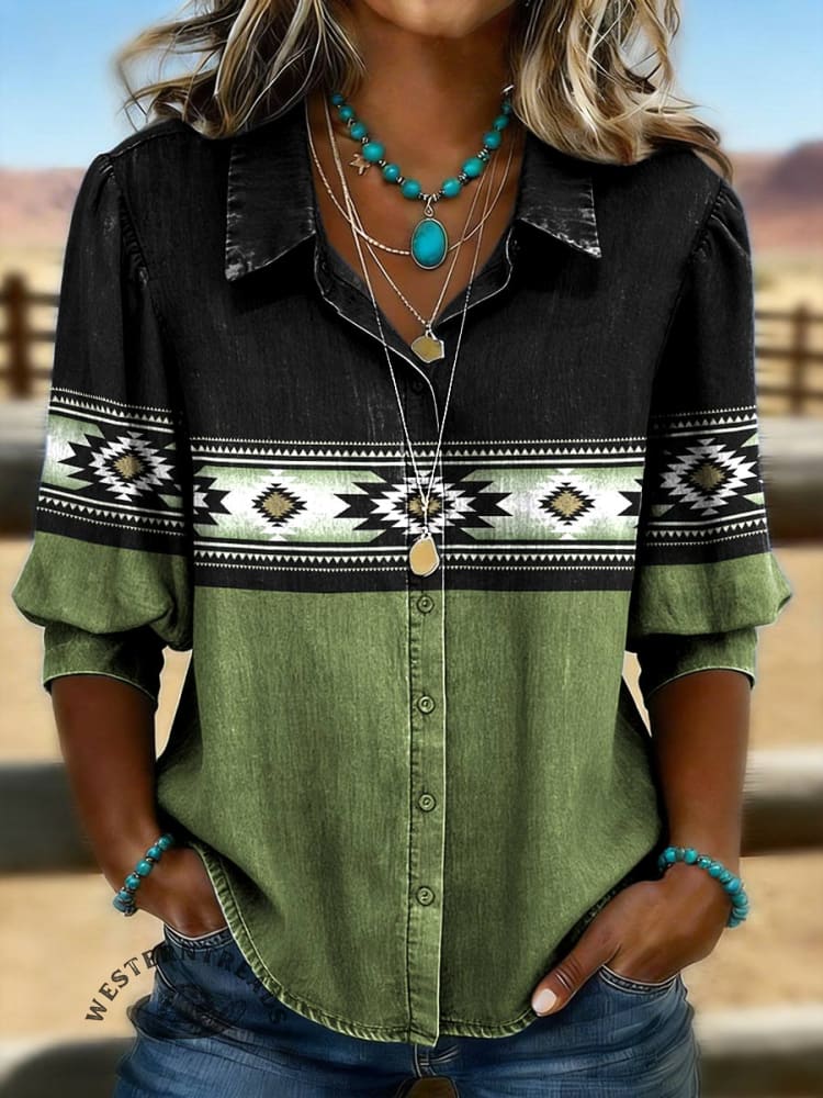 Women's Aztec Print Casual Puff Sleeve Denim Shirt