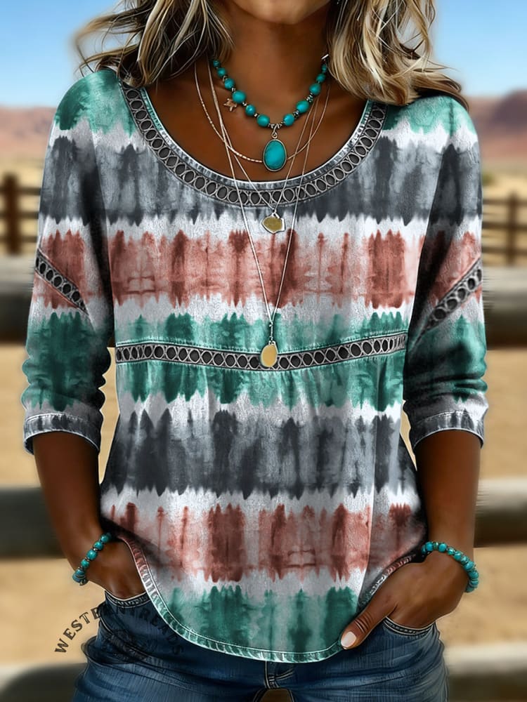 Women's Vintage Print Casual 3/4 Sleeves Hollow Denim Shirt