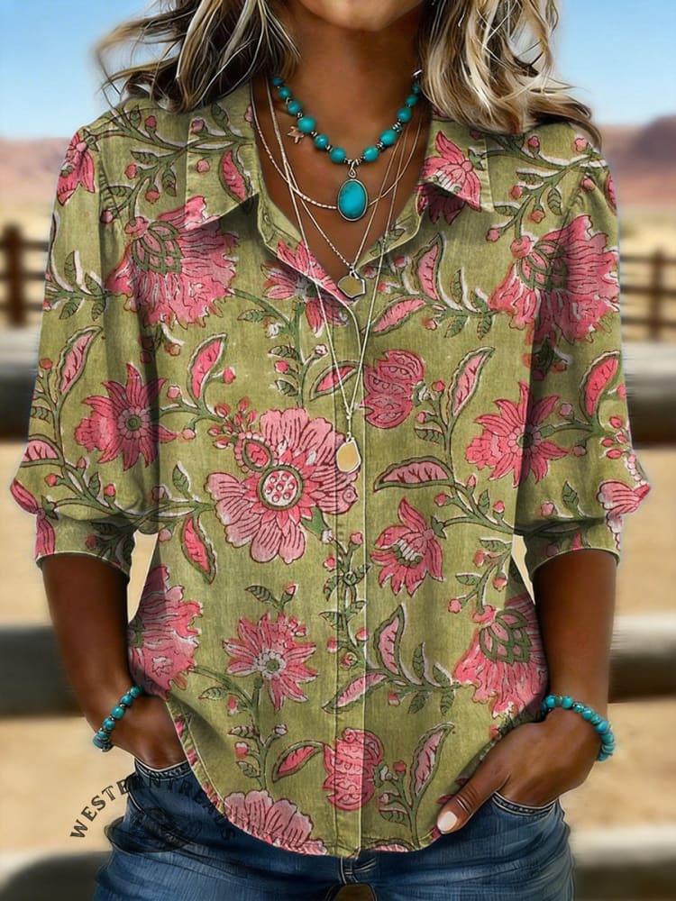 Vintage Western Print Casual Cotton Shirt
