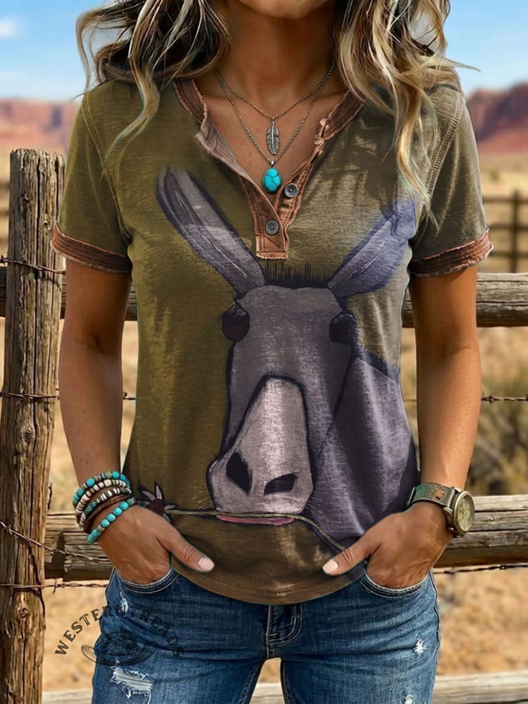 Vintage Donkey Print Western Contrast Henley Neck T-shirt