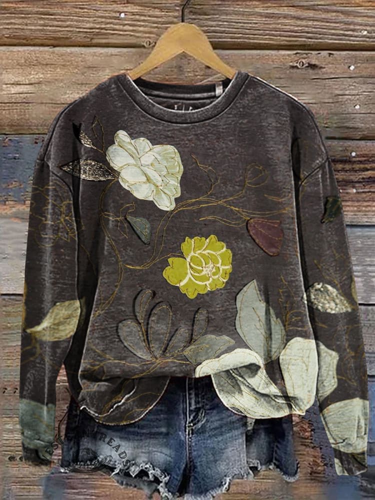 Vintage Flowers Art Prints Casual Cotton Sweatshirt