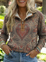 Vintage Print Casual Half-zip Cotton Sweatshirt