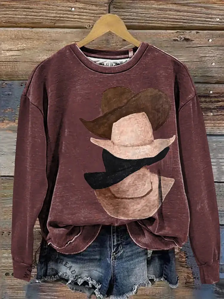 Retro Cowboy Hat Print Casual Cotton Sweatshirt