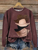 Retro Cowboy Hat Print Casual Cotton Sweatshirt