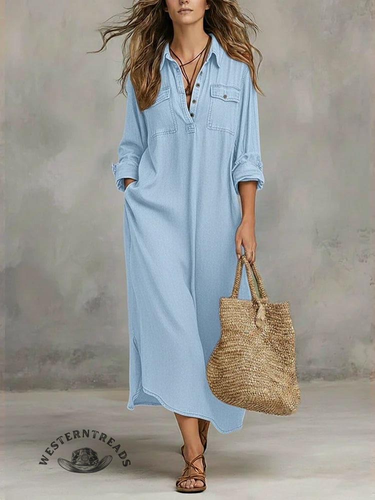 Wash Denim 100% Cotton Oversized Shirt Maxi Dress