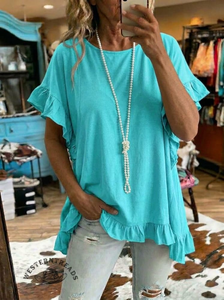 Women's Retro Ruffle Casual Round Neck T-Shirt