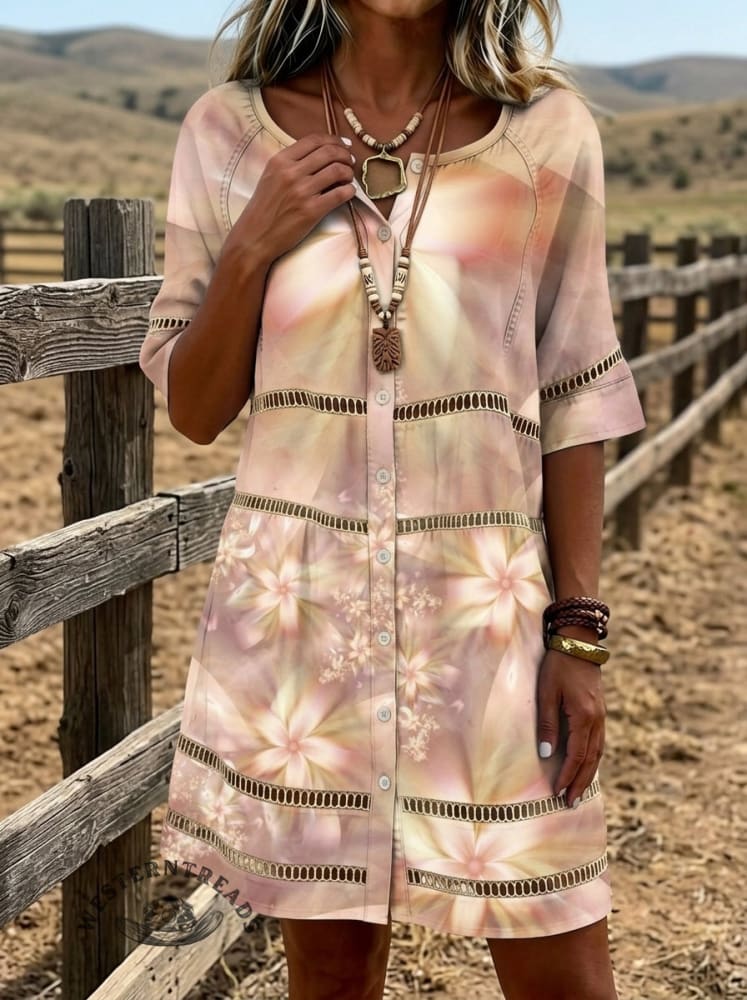 Vintage Floral Print Casual Hollow-out Denim Dress
