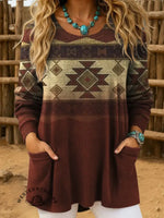 Women's Vintage Aztec Art Print Casual Crew Neck Pocket Knit Top