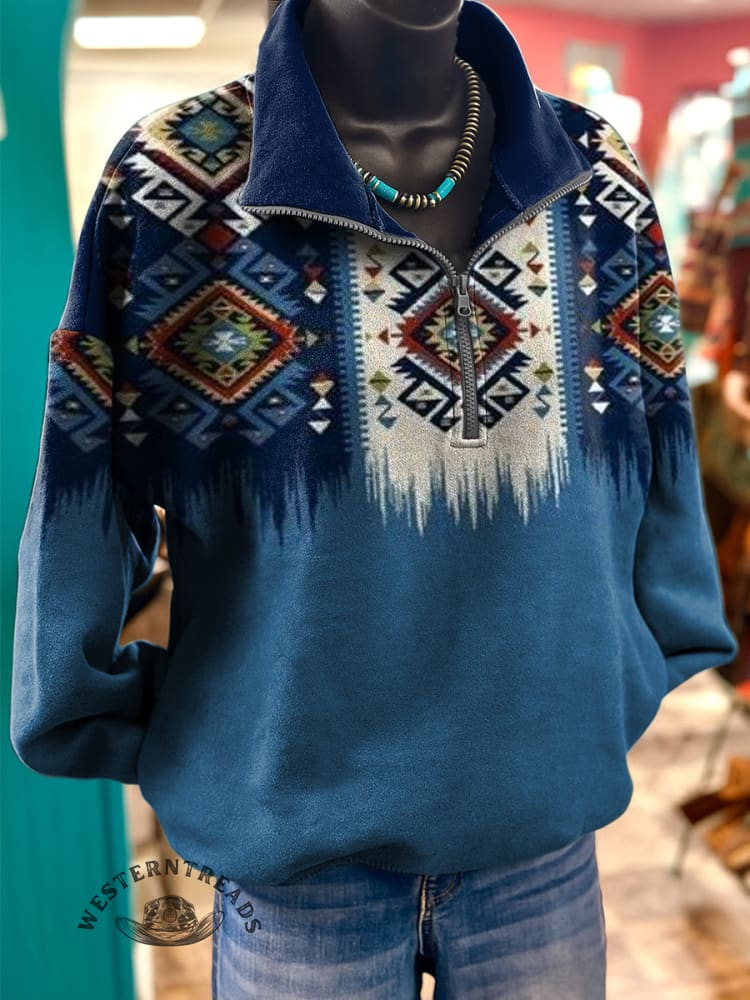 Aztec Pattern Art Print Casual Long-Sleeve Zipper Pullover Sweatshirt