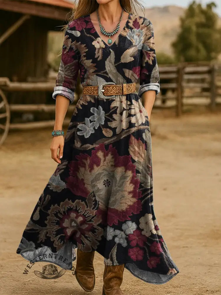 Women's Vintage Flowers Print Cotton Pocket Dress