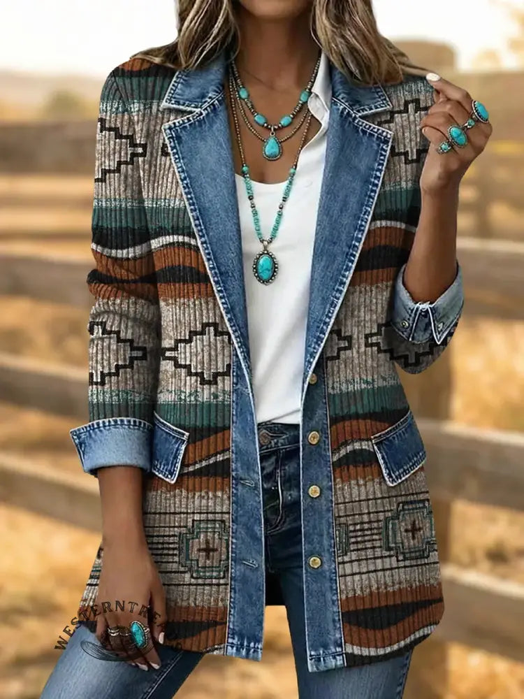 Retro Aztec Art Print Patchwork Denim Sweater Cardigan Coat