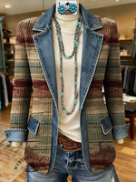 Retro Art Pattern Print Patchwork Denim Sweater Cardigan Coat