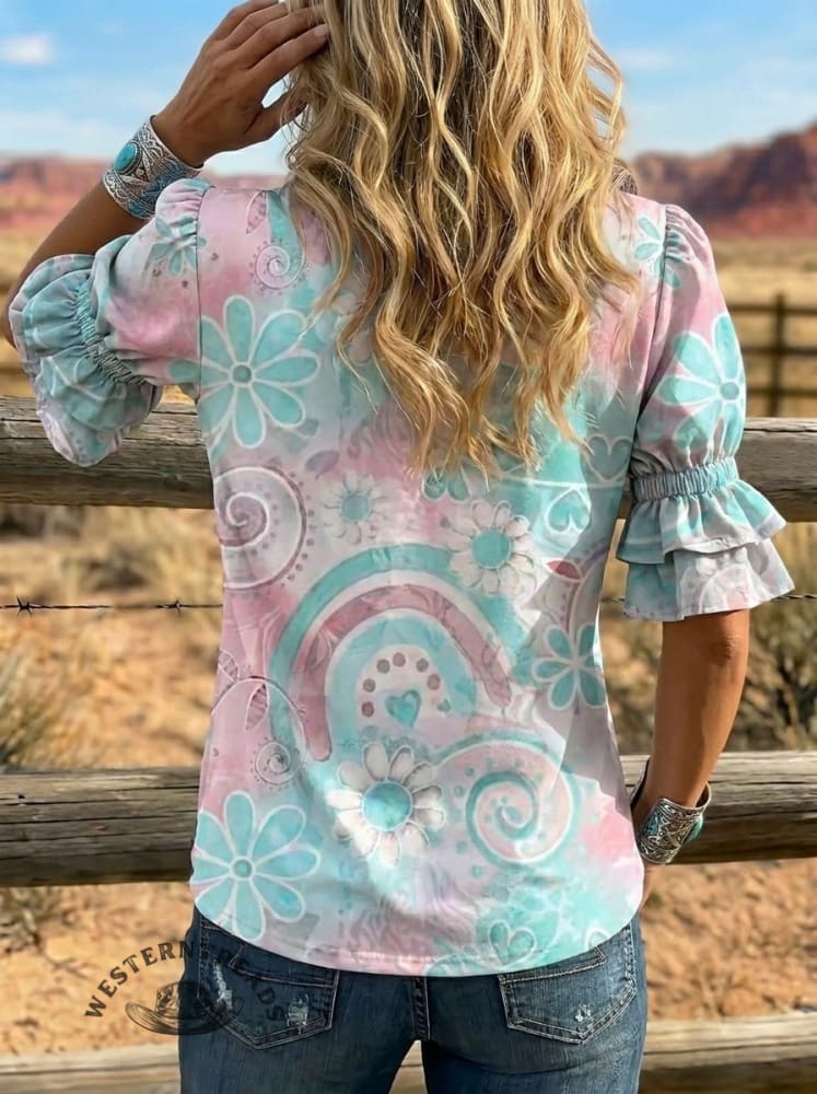 Women's Retro Floral Art Puff Sleeve Casual Shirt