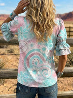 Women's Retro Floral Art Puff Sleeve Casual Shirt