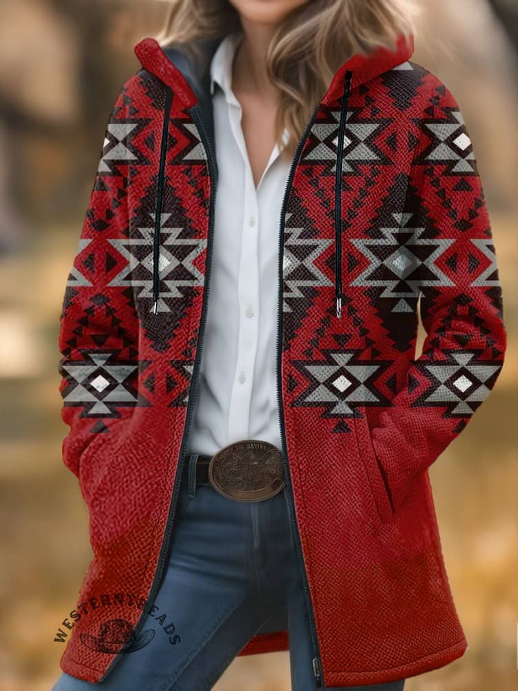 Aztec Print Unisex Plush Thick Long-sleeved Cardigan Coat