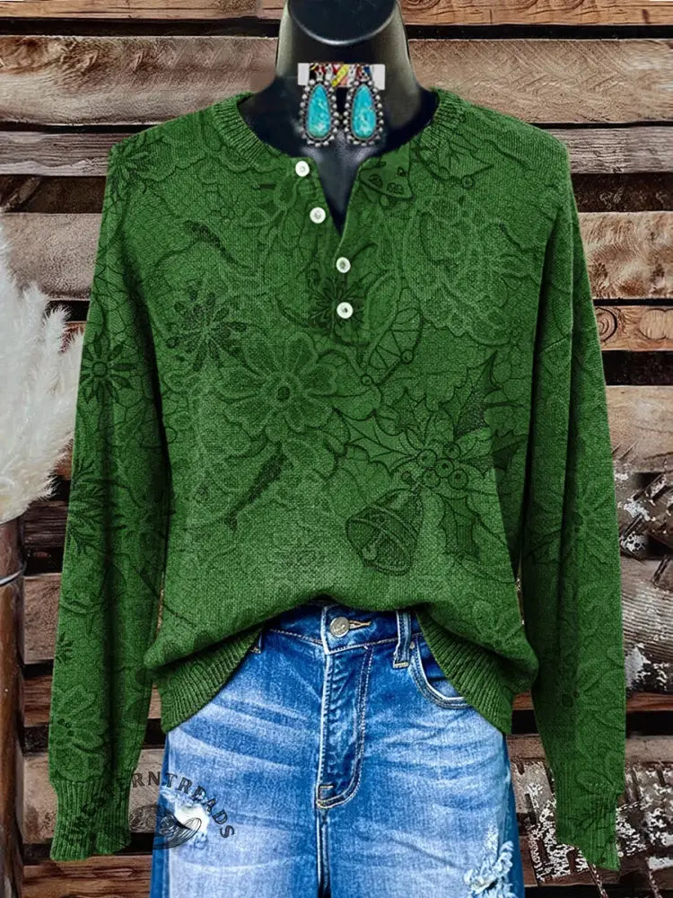 Retro Floral Art Print Buttoned Cardigan Sweater