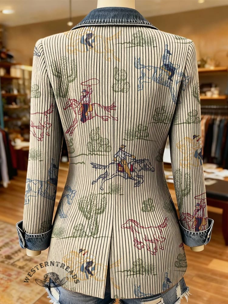 West Print Patchwork Denim Sweater