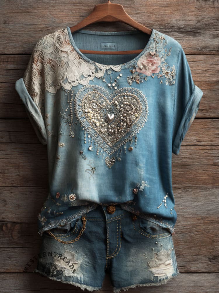 Vintage Heart Art Print Casual Short Sleeve T-shirt