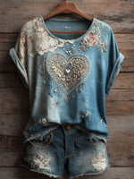 Vintage Heart Art Print Casual Short Sleeve T-shirt