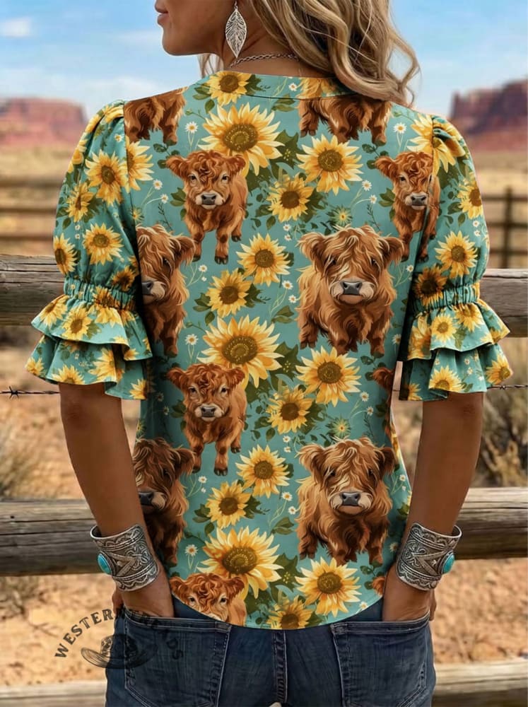 Women's Cows And Sunflowers Print Puff Sleeve Casual Shirt