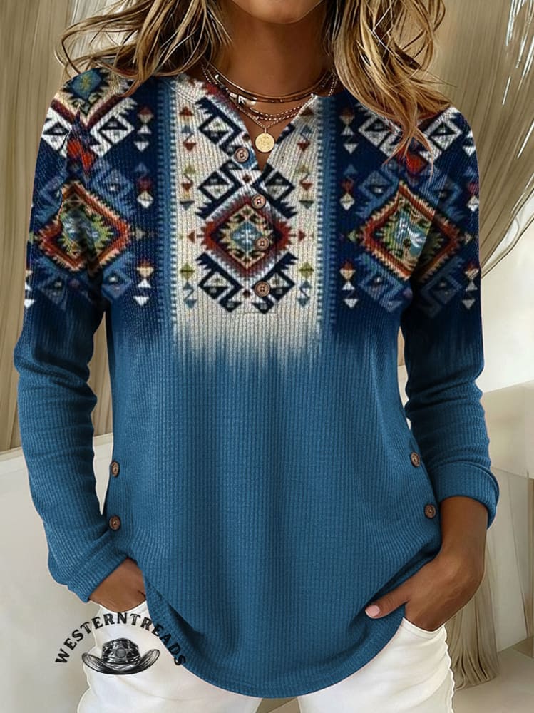 Women's Vintage Aztec Print Henley Neck Sweater Top