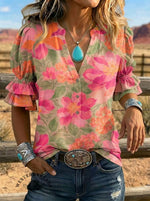 Women's Retro Floral Art Puff Sleeve Casual Shirt