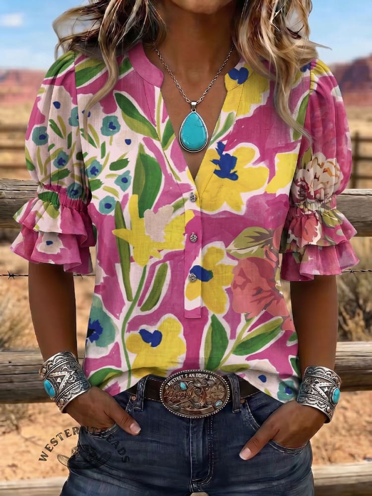 Vintage Art Print Comfortable Summer Fabrics Puff Sleeve Casual Shirt
