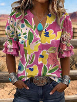 Vintage Art Print Comfortable Summer Fabrics Puff Sleeve Casual Shirt