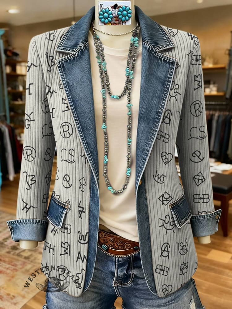 Cattle Brand Print Patchwork Denim Sweater