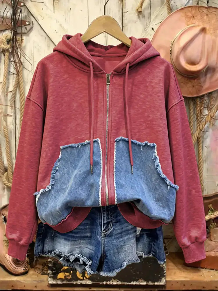 Retro Casual Cotton Patchwork Hooded Zip-up Sweatshirt
