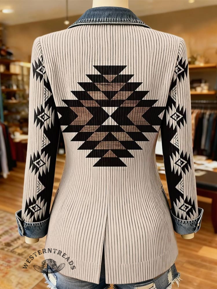 Aztec Print Patchwork Denim Sweater