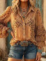 Women's Wild West Leopard Print Casual Ruffle Shirt