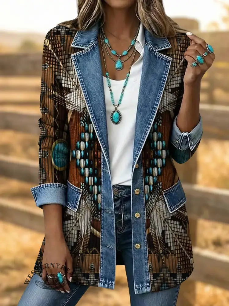 Retro Southwestern Art Print Patchwork Denim Sweater Cardigan Coat