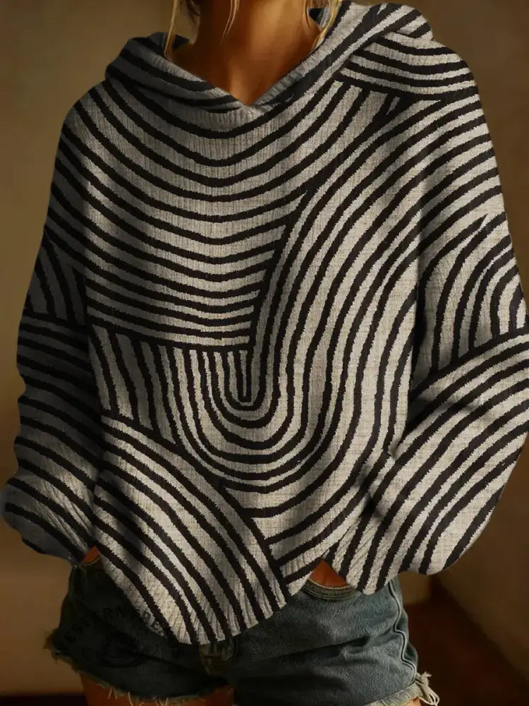 Abstract Art Print Casual Knitted Hoodie Sweater