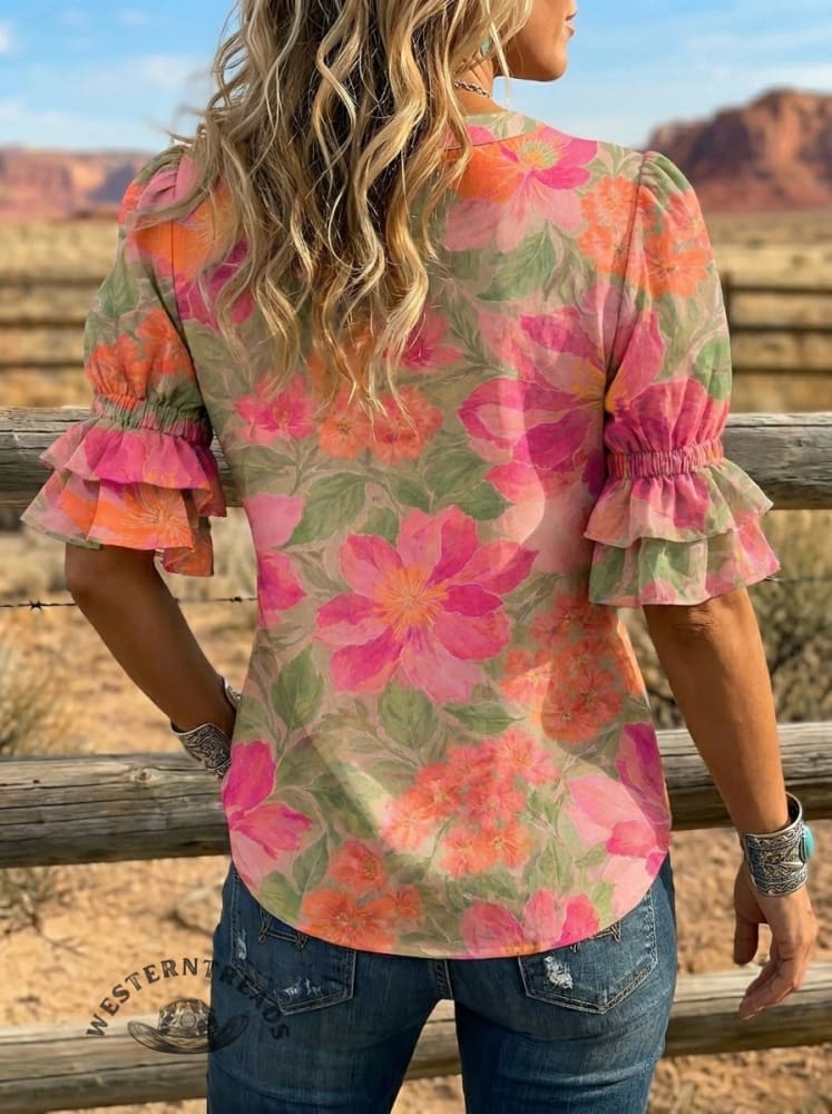 Women's Retro Floral Art Puff Sleeve Casual Shirt