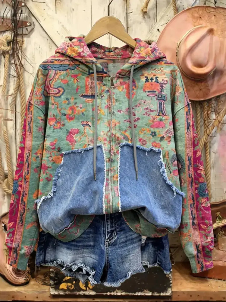 Retro Print Casual Cotton Patchwork Hooded Zip-up Sweatshirt