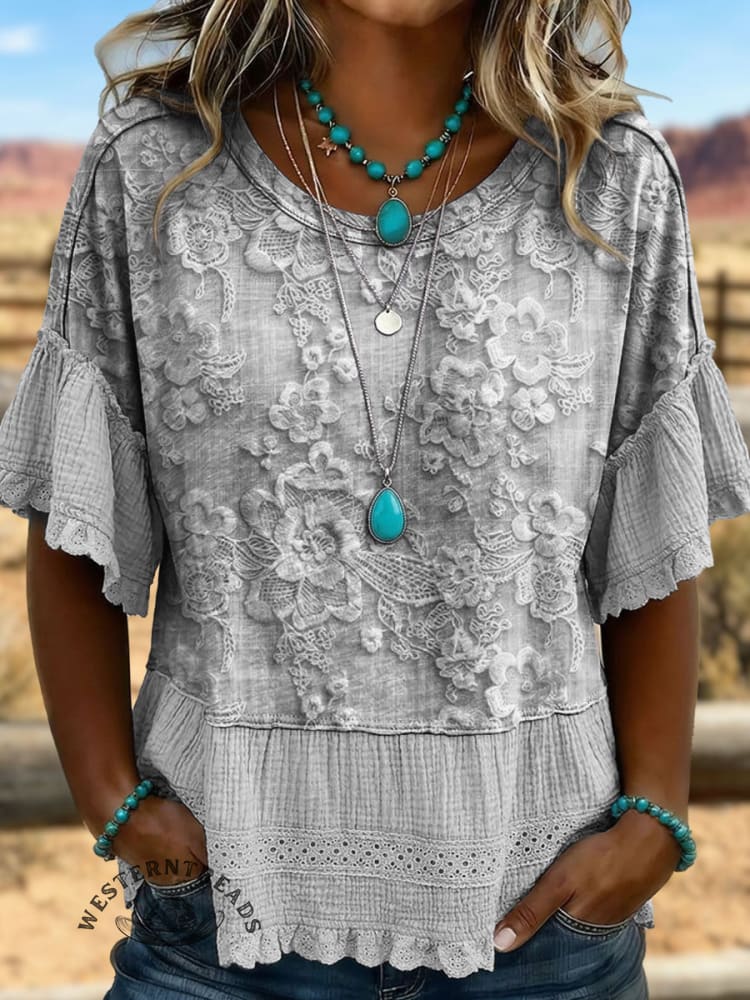 Women's Vintage Art Print Casual Short Sleeves Shirt